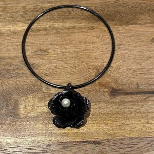 Goth Black Flower Bangle Bracelet with Faux Pearl Statement Cuff